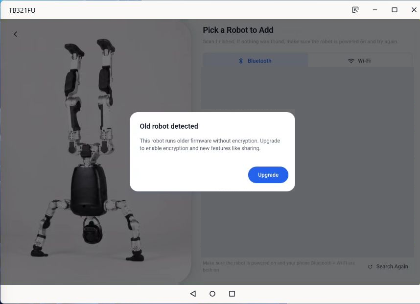Firmware upgrade prompt for a legacy robot (device list redacted)